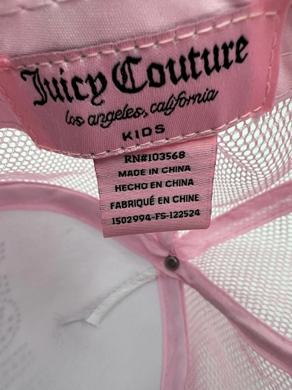 Juicy Couture Kid’s Baseball Cap Pink Velour with Jeweled Logo Trucker Mesh